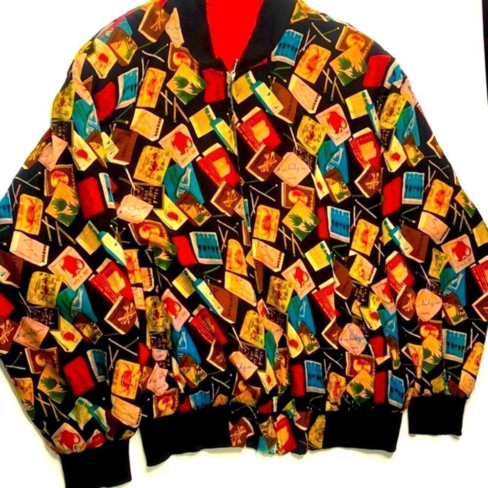 Vintage 1990s Spenser Jeremy Silk Matchbook Print Bomber Jacket Coat